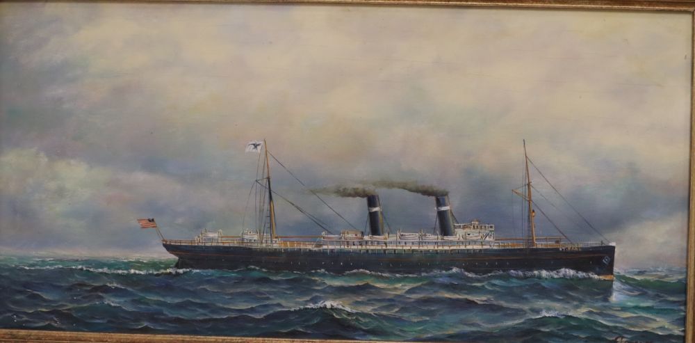 A pair of modern oils on board of American steamships, indistinctly signed, 14 x 29cm